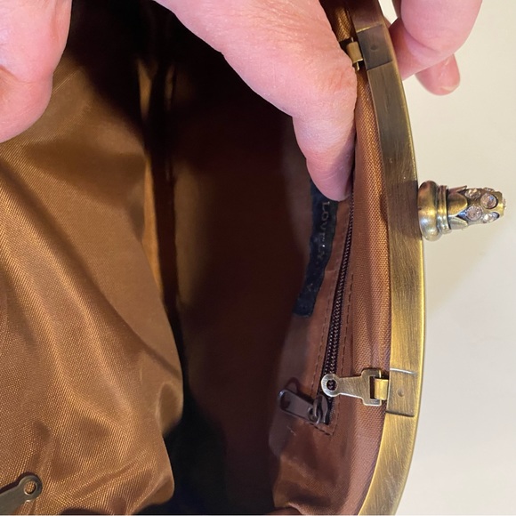 Bronze vegan leather clutch with brass hardware and rhinestones, GUC no strap - Picture 7 of 10